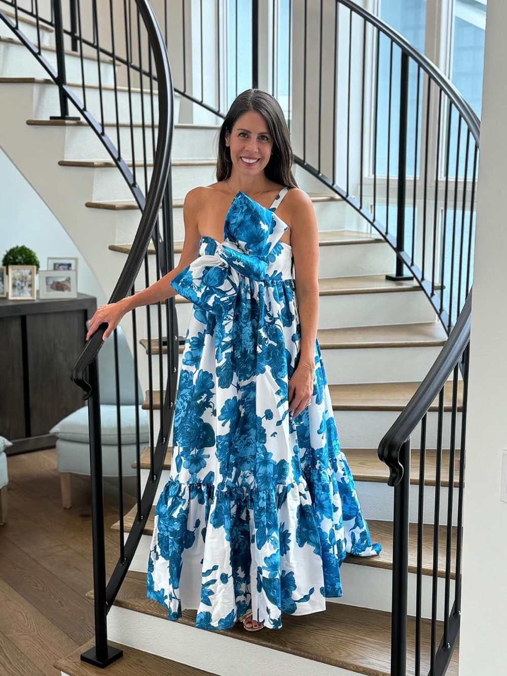NWT Anthropologie Bow White Maxi Dress with Blue Floral Print